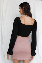 Load image into Gallery viewer, Black Satin Effect Cut-out Bustier Detail Balloon Long Sleeve Crop Top