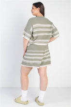 Load image into Gallery viewer, Plus Olive Striped Knit Short Sleeve Crop Top High Waist Shorts Set