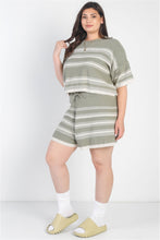 Load image into Gallery viewer, Plus Olive Striped Knit Short Sleeve Crop Top High Waist Shorts Set