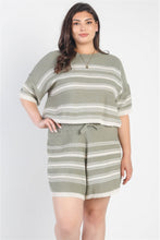 Load image into Gallery viewer, Plus Olive Striped Knit Short Sleeve Crop Top High Waist Shorts Set