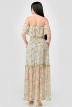 Load image into Gallery viewer, Floral Chiffon Off Shoulder Smocked Back Ruffled Tiered Maxi Dress