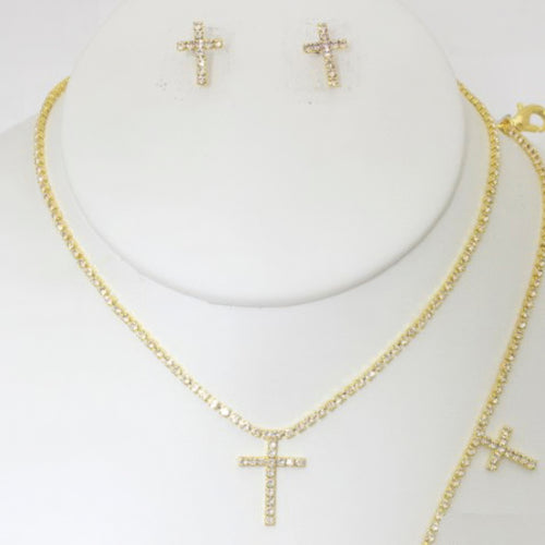 Rhinestone Cross Necklace Earring Bracelet Set