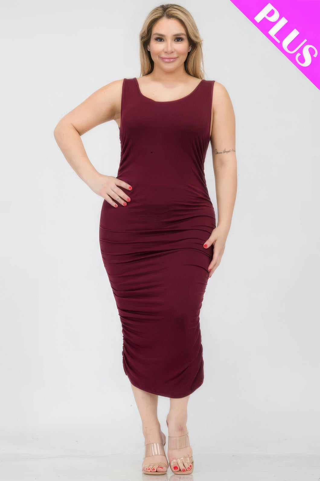 Plus Size Square Neck Ruched Bodycon Midi Dress