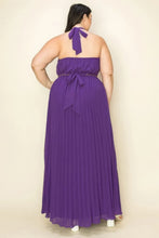 Load image into Gallery viewer, Chiffon Pleated Gold Trim Neck &amp; Belt Cut Out Chest Maxi Dress