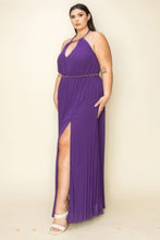 Load image into Gallery viewer, Chiffon Pleated Gold Trim Neck &amp; Belt Cut Out Chest Maxi Dress