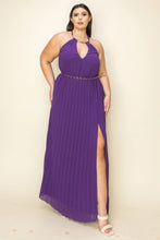 Load image into Gallery viewer, Chiffon Pleated Gold Trim Neck &amp; Belt Cut Out Chest Maxi Dress