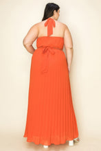 Load image into Gallery viewer, Chiffon Pleated Gold Trim Neck &amp; Belt Cut Out Chest Maxi Dress