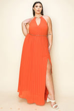 Load image into Gallery viewer, Chiffon Pleated Gold Trim Neck &amp; Belt Cut Out Chest Maxi Dress