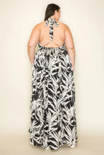 Load image into Gallery viewer, Crinkle Satin Printed Halter Ruffled Detail Smocked Waist Slit Frt Maxi Dress