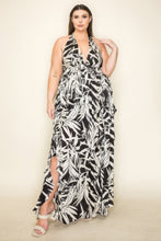 Load image into Gallery viewer, Crinkle Satin Printed Halter Ruffled Detail Smocked Waist Slit Frt Maxi Dress