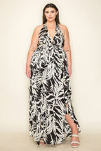 Load image into Gallery viewer, Crinkle Satin Printed Halter Ruffled Detail Smocked Waist Slit Frt Maxi Dress