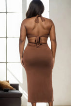 Load image into Gallery viewer, Plus Size Cut-out Halter Neck Double Back Tie Split Thigh Midi Dress