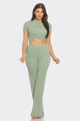 Front Twist Detail Top And Flare Pants Set
