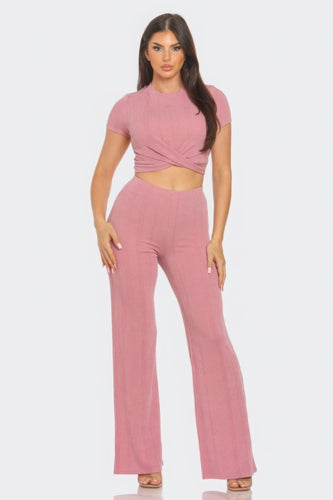 Front Twist Detail Top And Flare Pants Set