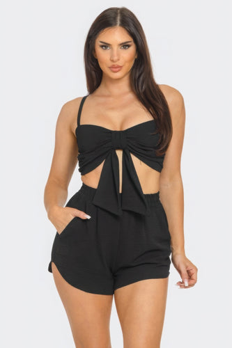 Front Oversized Bow Twisted Tie Top And Shorts Set