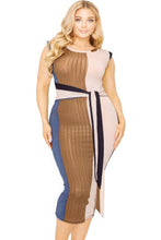 Load image into Gallery viewer, Plus knitted sleeveless colorblock waist tie dress