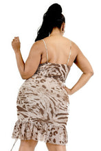 Load image into Gallery viewer, Plus wild animal print cami strap ruffle hem dress