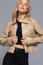 Load image into Gallery viewer, Long slv shirt collar faux leather jacket