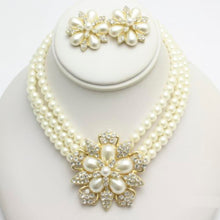 Load image into Gallery viewer, Rhinestone Pearl Flower Necklace Earring Set