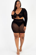 Load image into Gallery viewer, Plus Size Sheer Mesh Tie Front Crop Top &amp; Ruched Side Mini Dress