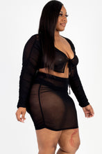 Load image into Gallery viewer, Plus Size Sheer Mesh Tie Front Crop Top &amp; Ruched Side Mini Dress