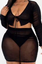 Load image into Gallery viewer, Plus Size Sheer Mesh Tie Front Crop Top &amp; Ruched Side Mini Dress