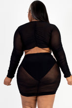 Load image into Gallery viewer, Plus Size Sheer Mesh Tie Front Crop Top &amp; Ruched Side Mini Dress