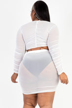 Load image into Gallery viewer, Plus Size Sheer Mesh Tie Front Crop Top &amp; Ruched Side Mini Dress