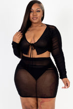 Load image into Gallery viewer, Plus Size Sheer Mesh Tie Front Crop Top &amp; Ruched Side Mini Dress