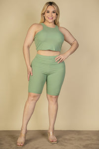 Plus Size Ribbed Cropped Tank Top And Biker Shorts Set