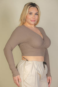 Plus Size Ribbed Wrap Front Long Sleeve Top