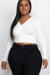 Plus Size Ribbed Wrap Front Long Sleeve Top