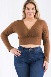 Plus Size Ribbed Wrap Front Long Sleeve Top