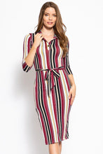 Load image into Gallery viewer, Stripes Print, Midi Tee Dress With 3/4 Sleeves, Collared V Neckline, Decorative Button, Matching Belt And A Side Slit