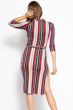 Load image into Gallery viewer, Stripes Print, Midi Tee Dress With 3/4 Sleeves, Collared V Neckline, Decorative Button, Matching Belt And A Side Slit