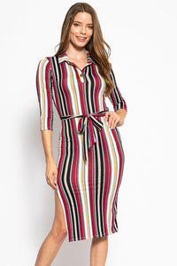 Stripes Print, Midi Tee Dress With 3/4 Sleeves, Collared V Neckline, Decorative Button, Matching Belt And A Side Slit