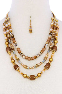 Multi Beaded Three Layer Necklace And Earring Set