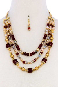 Multi Beaded Three Layer Necklace And Earring Set