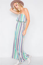 Load image into Gallery viewer, Green Multi Stripe Strapless Lightweight Wide Leg Jumpsuit