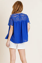 Load image into Gallery viewer, Sheer Floral Short Sleeve Lace Yoke Keyhole Top