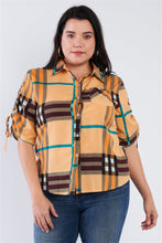 Load image into Gallery viewer, Plus Size Plaid Multi Stripe Cinched Sleeve Button Down Top