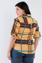 Load image into Gallery viewer, Plus Size Plaid Multi Stripe Cinched Sleeve Button Down Top