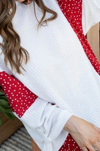 Round Neck 3/4 Rolled Up Sleeve Contrast Woven Heart Print Knit Top