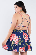 Load image into Gallery viewer, Plus Size Navy Floral Plunging V-neck Open Back Skater Mini Dress