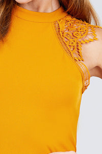 Sleeveless W/shoulder Lace Patch Open Back Button Closure Stretch Knit Mini Dress