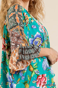 Floral Mixed Print Ruffle Bell Sleeve Open Front Kimono With Side Slits