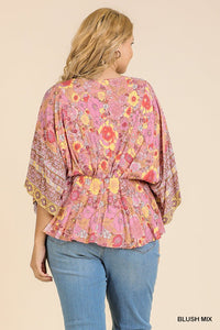 Floral Scarf Mixed Print Kimono Sleeve Round Neck Peplum Hem Top