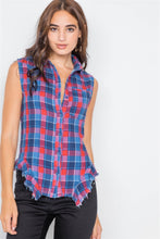 Load image into Gallery viewer, Navy &amp; Red Plaid Stripe Raw Distressed Hem Flannel