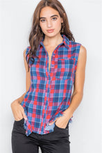 Load image into Gallery viewer, Navy &amp; Red Plaid Stripe Raw Distressed Hem Flannel