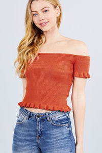 Short Sleeve Off The Shoulder W/ruffle Detail Sweater Top